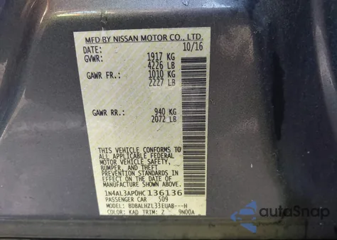 2017 Nissan Altima 2.5 Sr z USA, uszkodzony, nr VIN 1N4AL3AP0HC136136